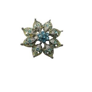 Aqua Blue Rhinestone Brooch Yellow/Green Accents Silver Tone 1.75" Round Pin